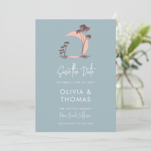 Dusty Blue Palm Trees Moon Modern Beach Wedding Save The Date (Staand voorkant)