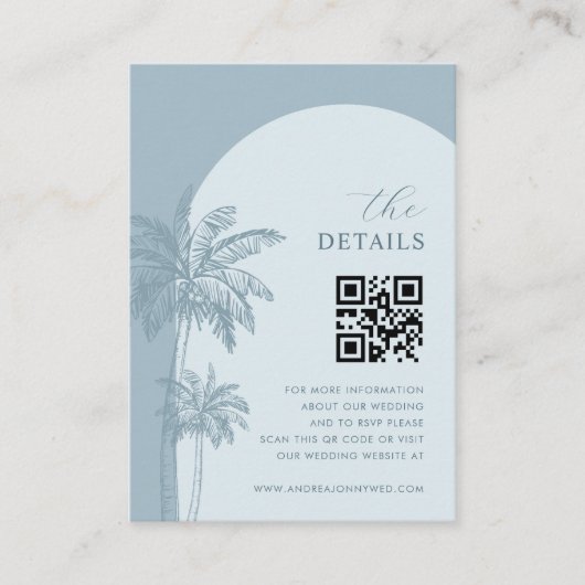 Dusty Blue Palm Trees QR Code Details Huwelijk Informatiekaartje (Voorkant)