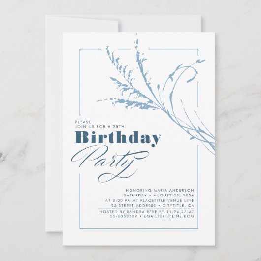 Dusty Blue Pampas Grass Modern Birthday Party Kaart (Voorkant)