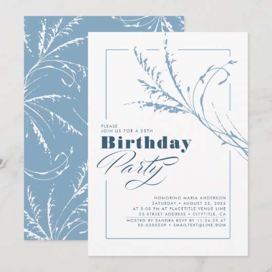 Dusty Blue Pampas Grass Modern Birthday Party Kaart (Voorkant / Achterkant)