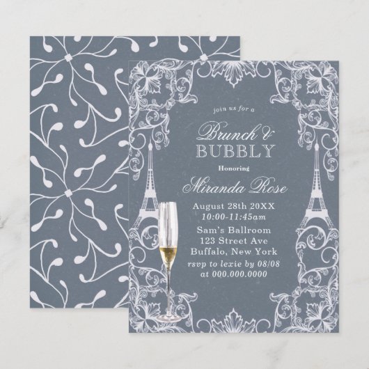 Dusty Blue Paris France Brunch & Bubble Invitation Kaart (Voorkant / Achterkant)