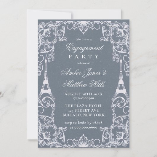 Dusty Blue Paris France Theme Engagement Party Kaart (Voorkant)