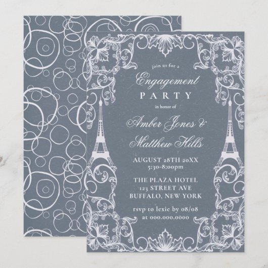 Dusty Blue Paris France Theme Engagement Party Kaart (Voorkant / Achterkant)