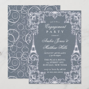 Dusty Blue Paris France Theme Engagement Party Kaart