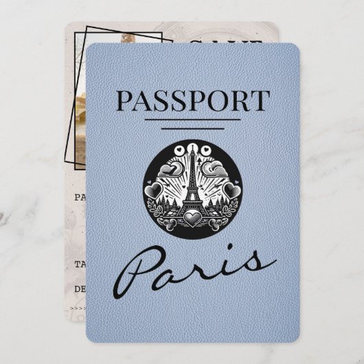 Dusty Blue Paris Passport Bewaar de datum Save The Date (Voorkant / Achterkant)