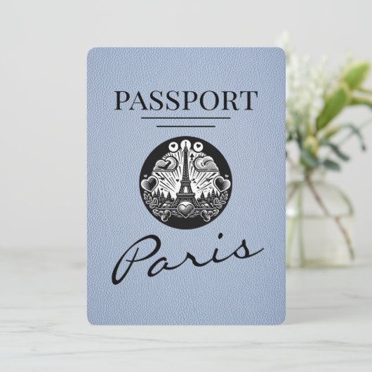 Dusty Blue Paris Passport Bewaar de datum Save The Date (Staand voorkant)