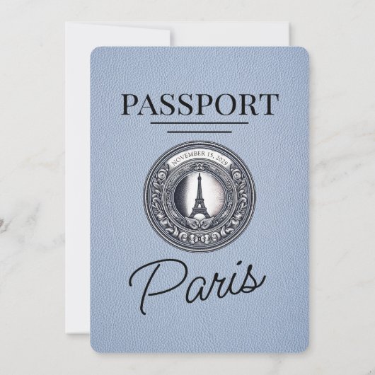 Dusty Blue Paris Passport Wedding Kaart (Achterkant)