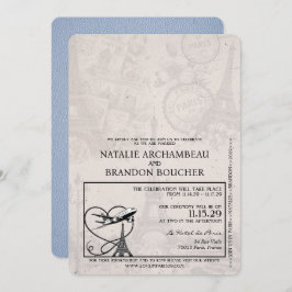 Dusty Blue Paris Passport Wedding Kaart