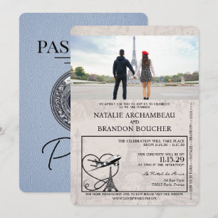 Dusty Blue Paris Passport Wedding Kaart