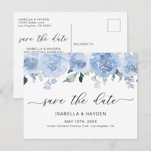 Dusty Blue Pastel Floral Light Boho Save the Date Aankondigingskaart (Voorkant / Achterkant)