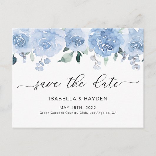 Dusty Blue Pastel Floral Light Boho Save the Date Aankondigingskaart (Voorkant)