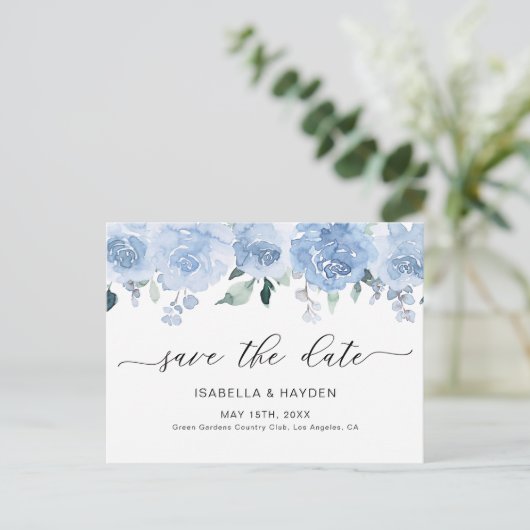 Dusty Blue Pastel Floral Light Boho Save the Date Aankondigingskaart (Staand voorkant)