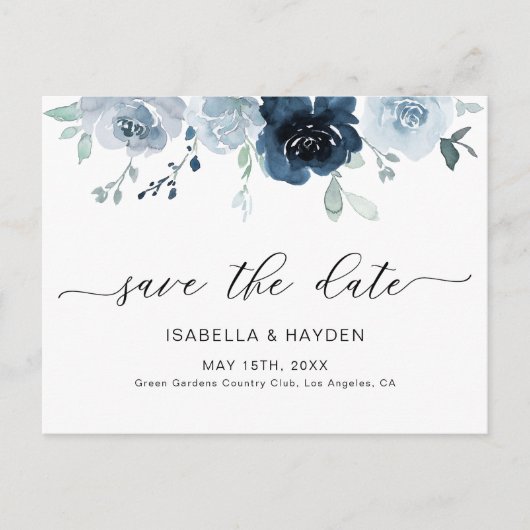 Dusty Blue Pastel Floral Pastel Boho Save the Date Aankondigingskaart (Voorkant)