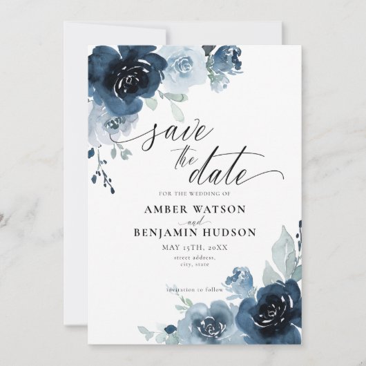 Dusty Blue Pastel Navy Flower Floral Save the Date Kaart (Voorkant)