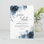 Dusty Blue Pastel Navy Flower Floral Save the Date Kaart (Staand voorkant)