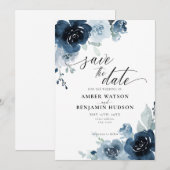 Dusty Blue Pastel Navy Flower Floral Save the Date Kaart (Voorkant / Achterkant)