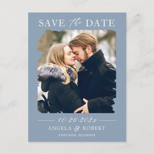 Dusty Blue Pastel Photo Lijst Save the Date Briefkaart (Voorkant)