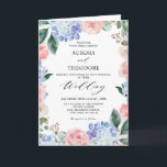 Dusty Blue Pastel Pink hydrangeas Folded Wedding<br><div class="desc">Moderne, gevouwen trouwuitnodiging met lichtblauwe/stoffige blauwe waterverf hydrangeas met pastelroze, blozen, perziken, witte rozen, pinda's, sage eucalyptusbladeren, takken en bladeren. Gemuteerde zachte en droomroemeense tinten lentemperdagavond waterverf florale design die overeenkomen met je thema bruiloft. Zoek meer overeenkomende design en variaties uit mijn winkel met 'blissweddingpaperie'. Je kunt contact met me...</div>