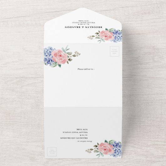 Dusty Blue Pastel Pink hydrangeas Weddenschap All  All In One Uitnodiging (Buitenkant)
