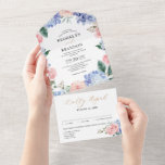 Dusty Blue Pastel Pink hydrangeas Weddenschap All  All In One Uitnodiging<br><div class="desc">Modern allemaal in één trouwuitnodiging met lichtblauw/stoffige blauwe waterverf hydrangeas met pastelroze, blozen, perziken, witte rozen, pinda's, sage eucalyptusbladeren, takken en bladeren. Gemuteerde zachte en droomroemeense tinten lentemperdagavond waterverf florale design die overeenkomen met je thema bruiloft. Zoek meer overeenkomende design en variaties uit mijn winkel met 'blissweddingpaperie'. Je kunt contact...</div>