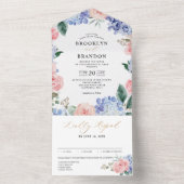 Dusty Blue Pastel Pink hydrangeas Weddenschap All In One Uitnodiging (Binnen)