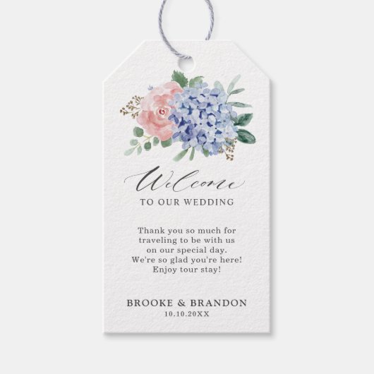 Dusty Blue Pastel Pink hydrangeas Wedding Cadeaulabel (Voorkant)