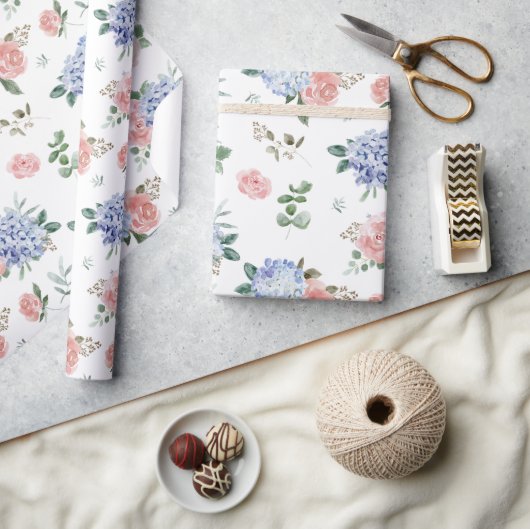 Dusty Blue Pastel Pink hydrangeas Wedding Cadeaupapier (Crafts)