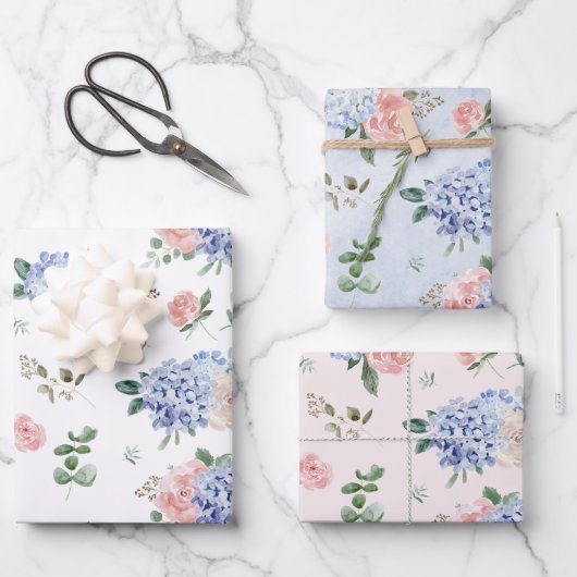 Dusty Blue Pastel Pink hydrangeas Wedding Inpakpapier Vel (Voorkant)