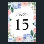 Dusty Blue Pastel Pink hydrangeas Wedding Kaart<br><div class="desc">Moderne trouwbordnummerkaart met lichtblauwe en stoffige blauwe waterverf hydrangeas met pastelroze, blozen, perziken, witte rozen, pinda's, peulvruchten, sage eucalyptusbladeren, takken en bladeren. Gemuteerde zachte en droomroemeense tinten lentemperdagavond waterverf florale design die overeenkomen met je thema bruiloft. Zoek meer overeenkomende design en variaties uit mijn winkel met 'blissweddingpaperie'. Je kunt contact...</div>