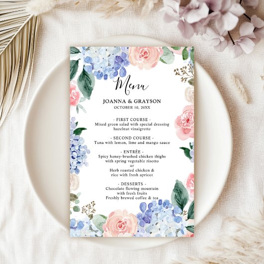 Dusty Blue Pastel Pink hydrangeas Wedding Menu