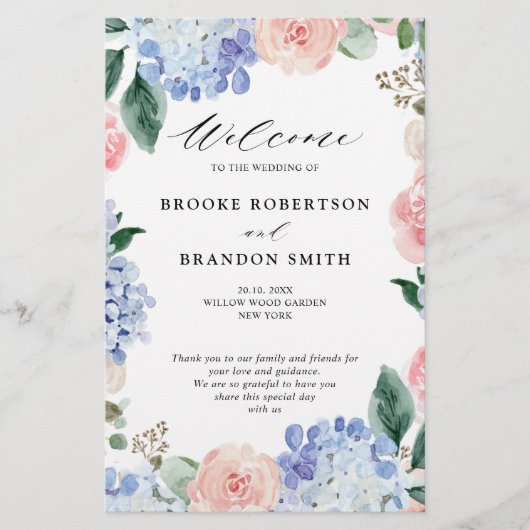 Dusty Blue Pastel Pink hydrangeas Wedding Programm (Voorkant)