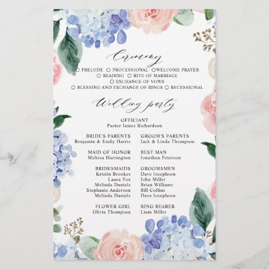 Dusty Blue Pastel Pink hydrangeas Wedding Programm (Achterkant)