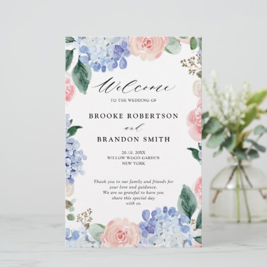 Dusty Blue Pastel Pink hydrangeas Wedding Programm (Staand voorkant)