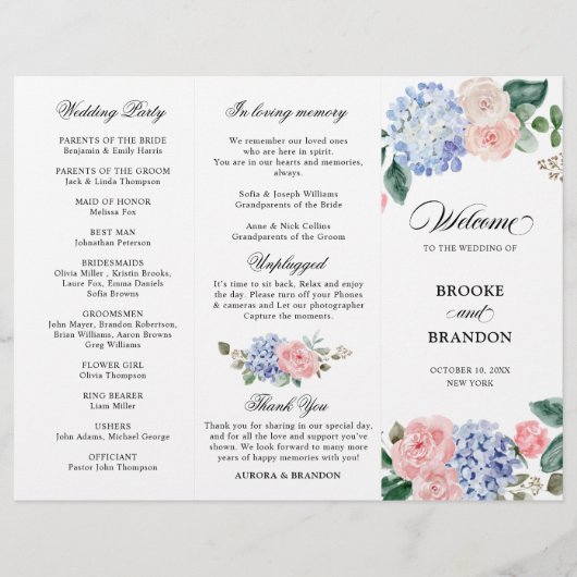 Dusty Blue Pastel Pink hydrangeas Wedding Programm (Voorkant)
