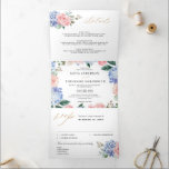 Dusty Blue Pastel Pink hydrangeas Wedding Tri Fold Drieluik Aankondiging<br><div class="desc">Moderne trouwuitnodiging met lichtblauw/stoffige blauwe waterverf hydrangeas met pastelroze, blozen, perziken, witte rozen, pinda's, sage eucalyptusbladeren, takken en bladeren. Gemuteerde zachte en droomroemeense tinten lentemperdagavond waterverf florale design die overeenkomen met je thema bruiloft. Zoek meer overeenkomende design en variaties uit mijn winkel met 'blissweddingpaperie'. Je kunt contact met me opnemen...</div>