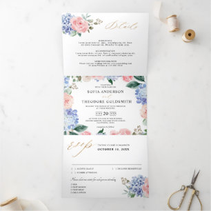 Dusty Blue Pastel Pink hydrangeas Wedding Tri Fold Drieluik Aankondiging