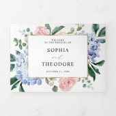 Dusty Blue Pastel Pink hydrangeas Wedding Tri Fold Drieluik Aankondiging (Cover)