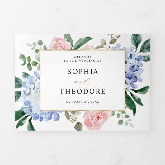 Dusty Blue Pastel Pink hydrangeas Wedding Tri Fold Drieluik Aankondiging (Cover)