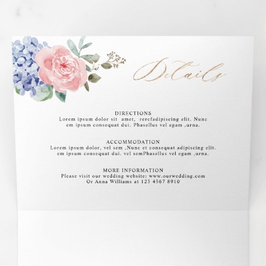 Dusty Blue Pastel Pink hydrangeas Wedding Tri Fold Drieluik Aankondiging (Binnenzijde eerst)