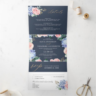 Dusty Blue Pastel Pink hydrangeas Wedding Tri Fold Drieluik Aankondiging