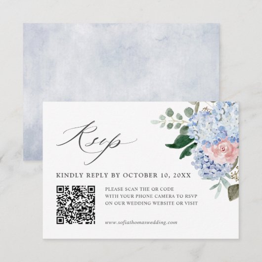 Dusty Blue Pastel Roze hortensia Bloemen bruiloft  RSVP Kaartje (Voorkant / Achterkant)