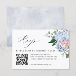 Dusty Blue Pastel Roze hortensia Bloemen bruiloft  RSVP Kaartje