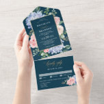 Dusty Blue Pastel Roze hortensia's Bloemenbruiloft All In One Uitnodiging<br><div class="desc">Modern allemaal in één trouwuitnodiging met lichtblauw/stoffige blauwe waterverf hydrangeas met pastelroze, blozen, perziken, witte rozen, pinda's, sage eucalyptusbladeren, takken en bladeren. Gemuteerde zachte en droomroemeense tinten lentemperdagavond waterverf florale design die overeenkomen met je thema bruiloft. Zoek meer overeenkomende design en variaties uit mijn winkel met 'blissweddingpaperie'. Je kunt contact...</div>