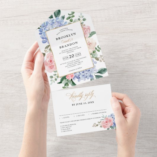 Dusty Blue Pastel Roze hortensia's Bloemenbruiloft All In One Uitnodiging (Afscheurbaar)