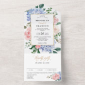 Dusty Blue Pastel Roze hortensia's Bloemenbruiloft All In One Uitnodiging (Binnen)