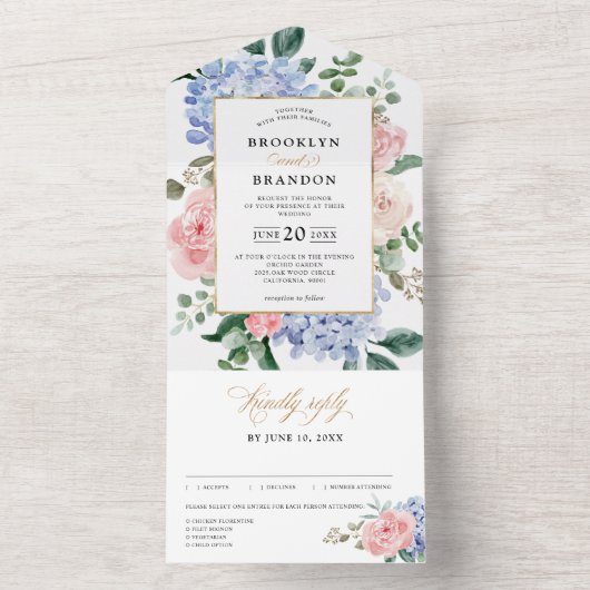 Dusty Blue Pastel Roze hortensia's Bloemenbruiloft All In One Uitnodiging (Binnen)
