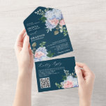 Dusty Blue Pastel Roze hortensia's bruiloft QR-cod All In One Uitnodiging<br><div class="desc">Moderne bruiloft alles in een uitnodiging met lichtblauw / stoffige blauwe waterverf hortensia's met pastelroze,  blos,  perzik,  witte rozen,  pioenen,  salie eucalyptus bladeren,  takken en bladeren. Gedempte zacht en dromerige romantische tinten lente zomer waterverf design bloemenbruiloft aan te passen aan uw thema bruiloft.</div>