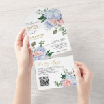 Dusty Blue Pastel Roze hortensia's bruiloft QR-cod All In One Uitnodiging<br><div class="desc">Moderne bruiloft alles in een uitnodiging met lichtblauw / stoffige blauwe waterverf hortensia's met pastelroze,  blos,  perzik,  witte rozen,  pioenen,  salie eucalyptus bladeren,  takken en bladeren. Gedempte zacht en dromerige romantische tinten lente zomer waterverf design bloemenbruiloft aan te passen aan uw thema bruiloft.</div>