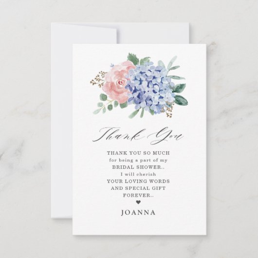 Dusty Blue Pastel Roze hortensia's Vrijgezellenfee Bedankkaart (Voorkant)