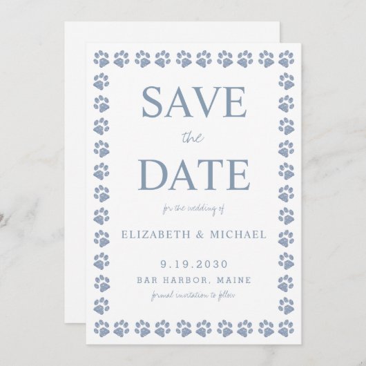 Dusty Blue Paw-afdrukken die de datum opslaan Kaart (Voorkant / Achterkant)